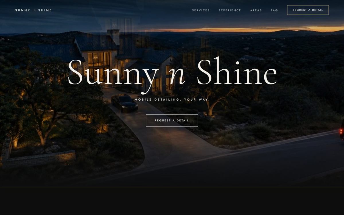 Sunny N Shine home page, the name in gold script over an evening aerial of a house